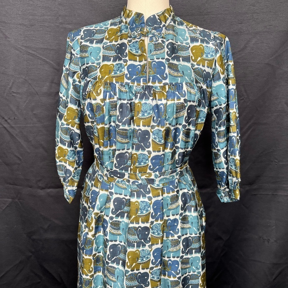 Vintage Betty Thai Silk Elephant Print Maxi Dress Belted